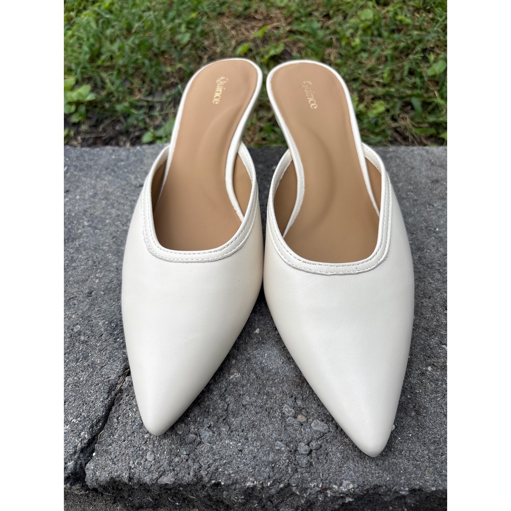 Quince Ivory Sheep Leather Pointed Toe Kitten Heel Mules Shoes Womens 7.5